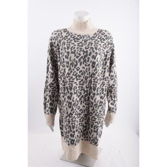 LOFT Womens Knit Sweater Dress Sz L Leopard Print Long Sleeve High Neck - Picture 1 of 5